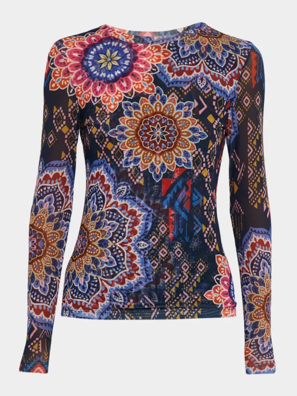 NWT Johnny Was Natalie Mesh Tee Padma Print Long Sleeve Top XS $138
